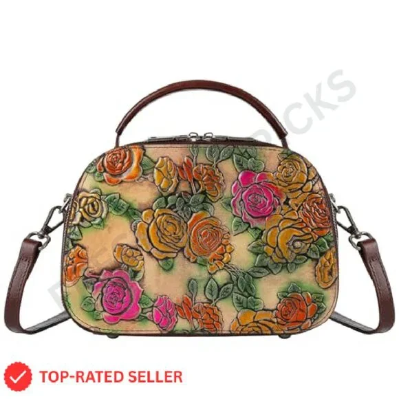 Genuine Leather Satchel Handbag Retro Top Handle Hand Painted Floral